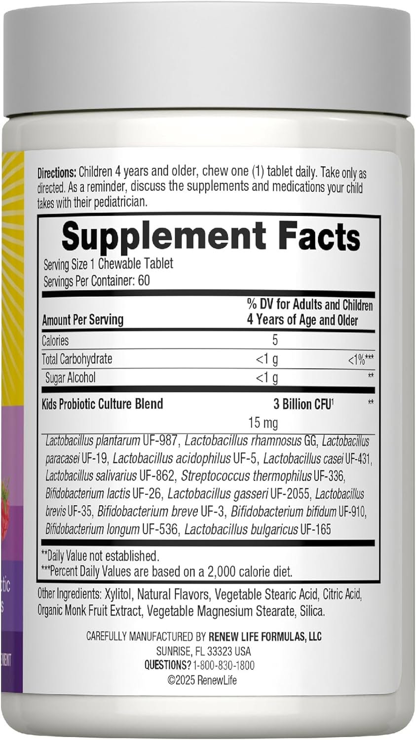 Renew Life Ultimate Flora Kids Probiotic 3 Billion – საბავშვო პრობიოტიკი, 60 საღეჭი ტაბლეტი
