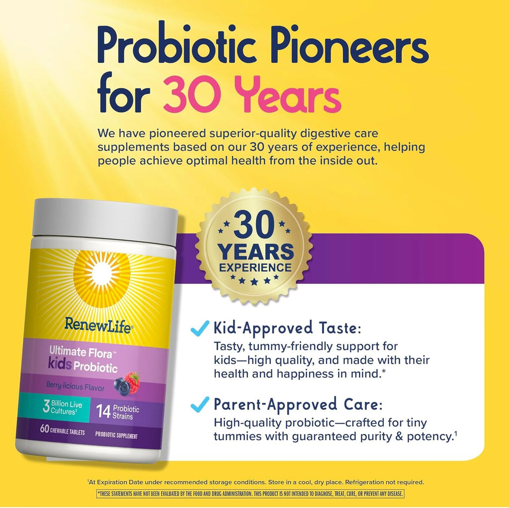 Renew Life Ultimate Flora Kids Probiotic 3 Billion – საბავშვო პრობიოტიკი, 60 საღეჭი ტაბლეტი