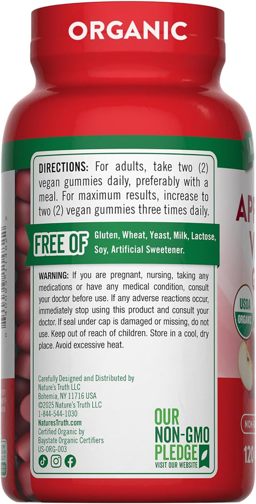 Nature's Truth Organic Apple Cider Vinegar Gummies – ორგანული ვაშლის ძმრის ჯელეები, 120 ცალი
