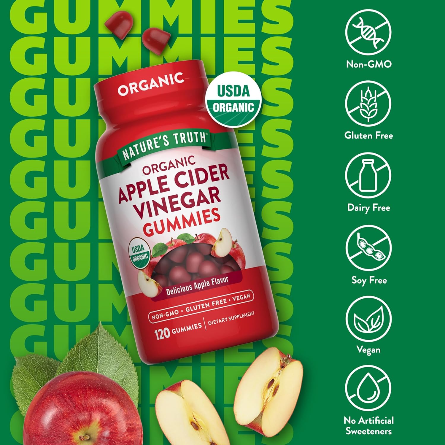 Nature's Truth Organic Apple Cider Vinegar Gummies – ორგანული ვაშლის ძმრის ჯელეები, 120 ცალი