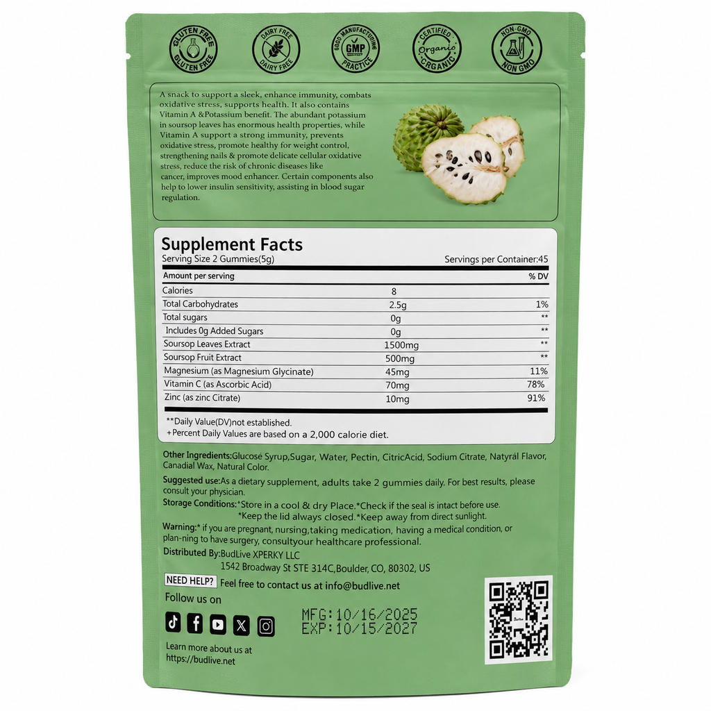 BudLive Soursop Graviola Gummies + Vitamin C & Zinc — 180 ჟელე (2 Pack)