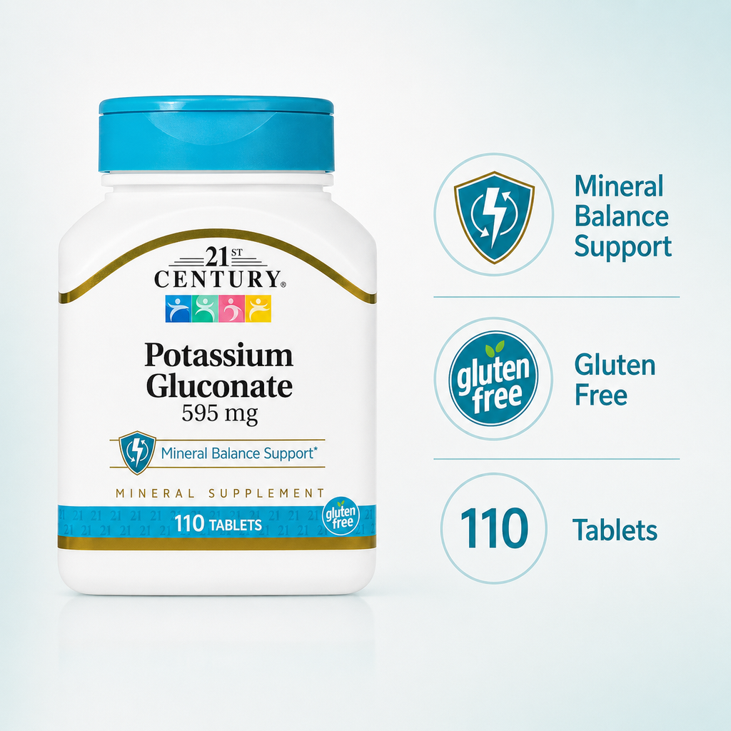 21st Century Potassium Gluconate 595 mg — Mineral Balance Support, Gluten Free, 110 Tablets