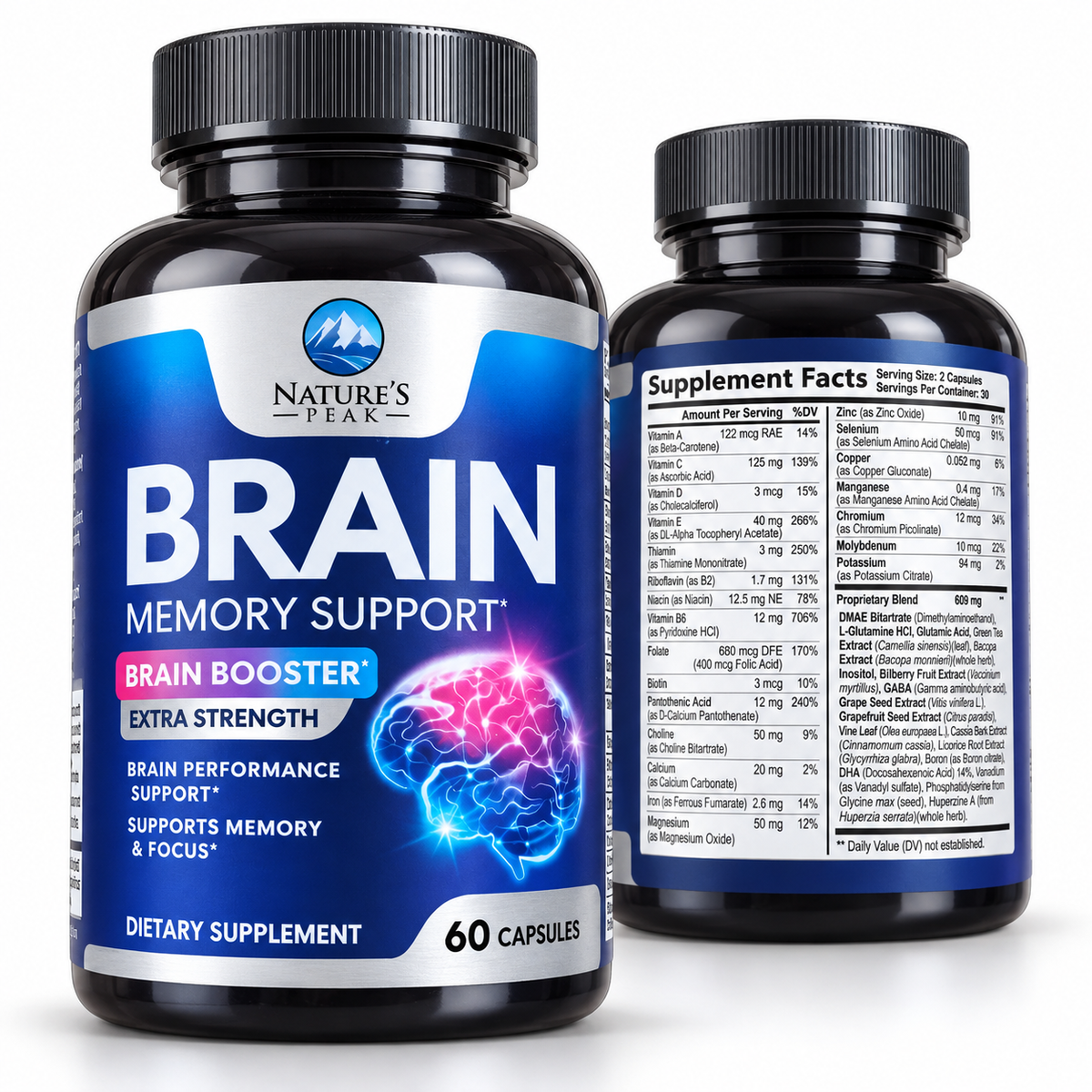 Nature's Peak Brain Memory Support 60 capsules - supplement facts