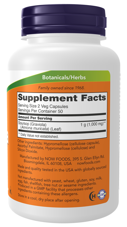 NOW Foods Graviola 500 mg 100 Veg Capsules bottle right