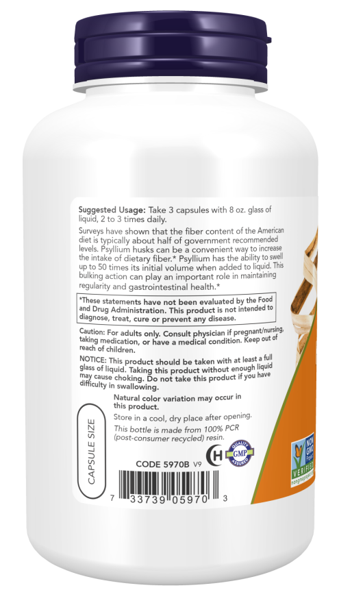 NOW Foods Psyllium Husk 500 mg - ეტიკეტის გვერდითი ხედი