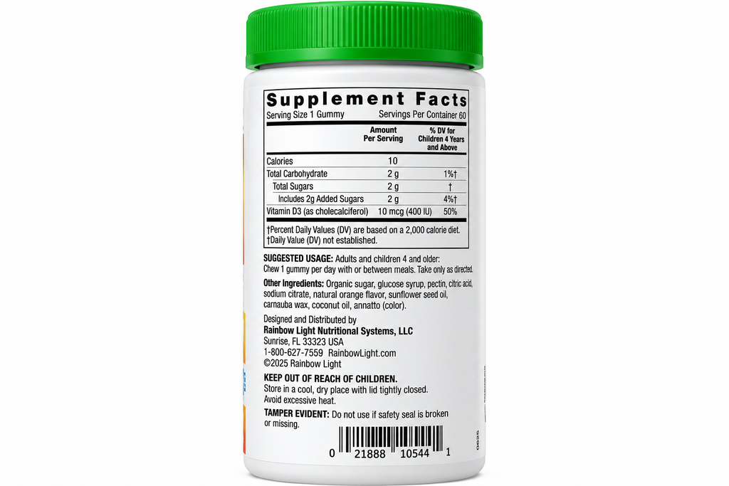 Rainbow Light Sunny Gummies Vitamin D3 400 IU - Supplement Facts