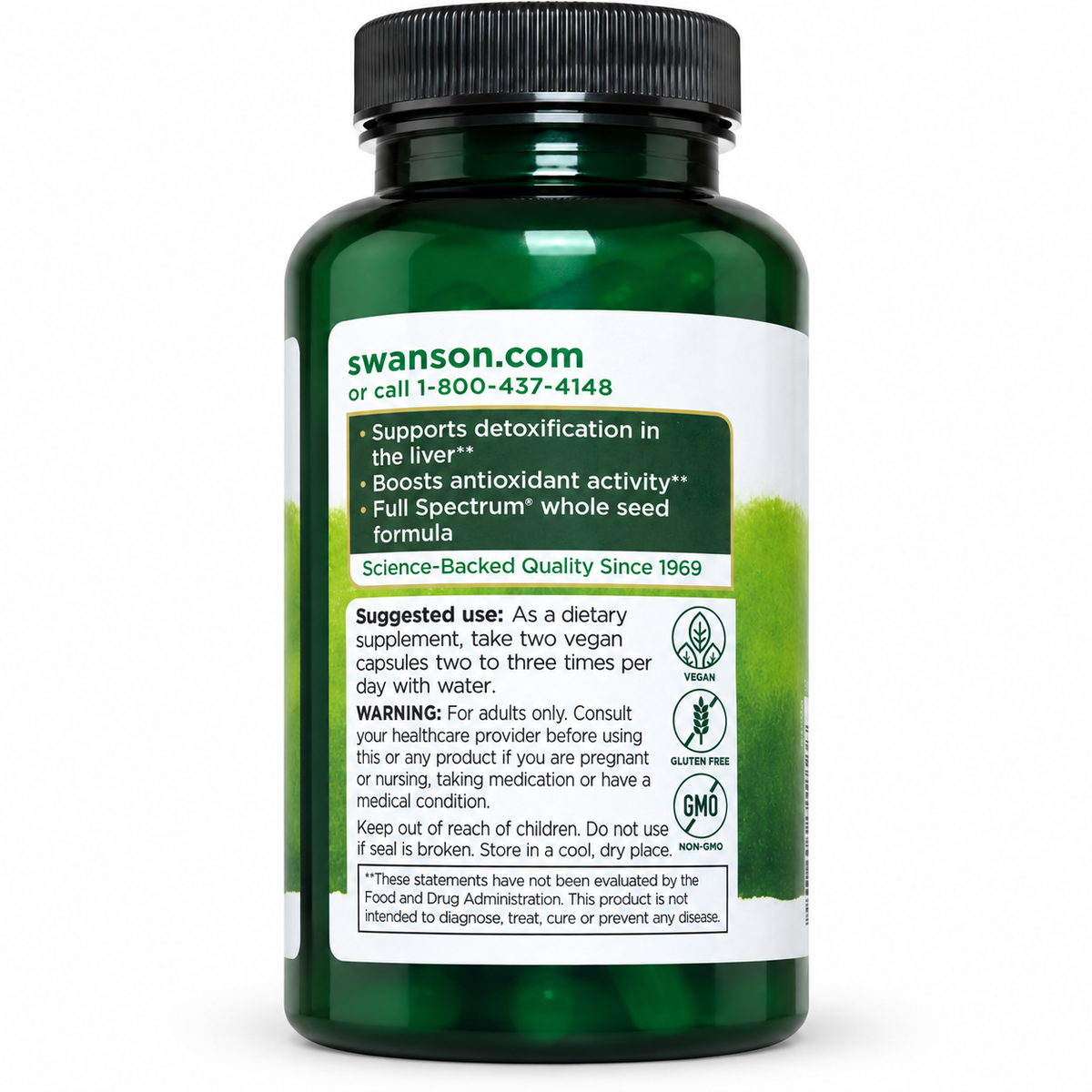 Swanson Milk Thistle suggested use, vegan, gluten free and non-GMO