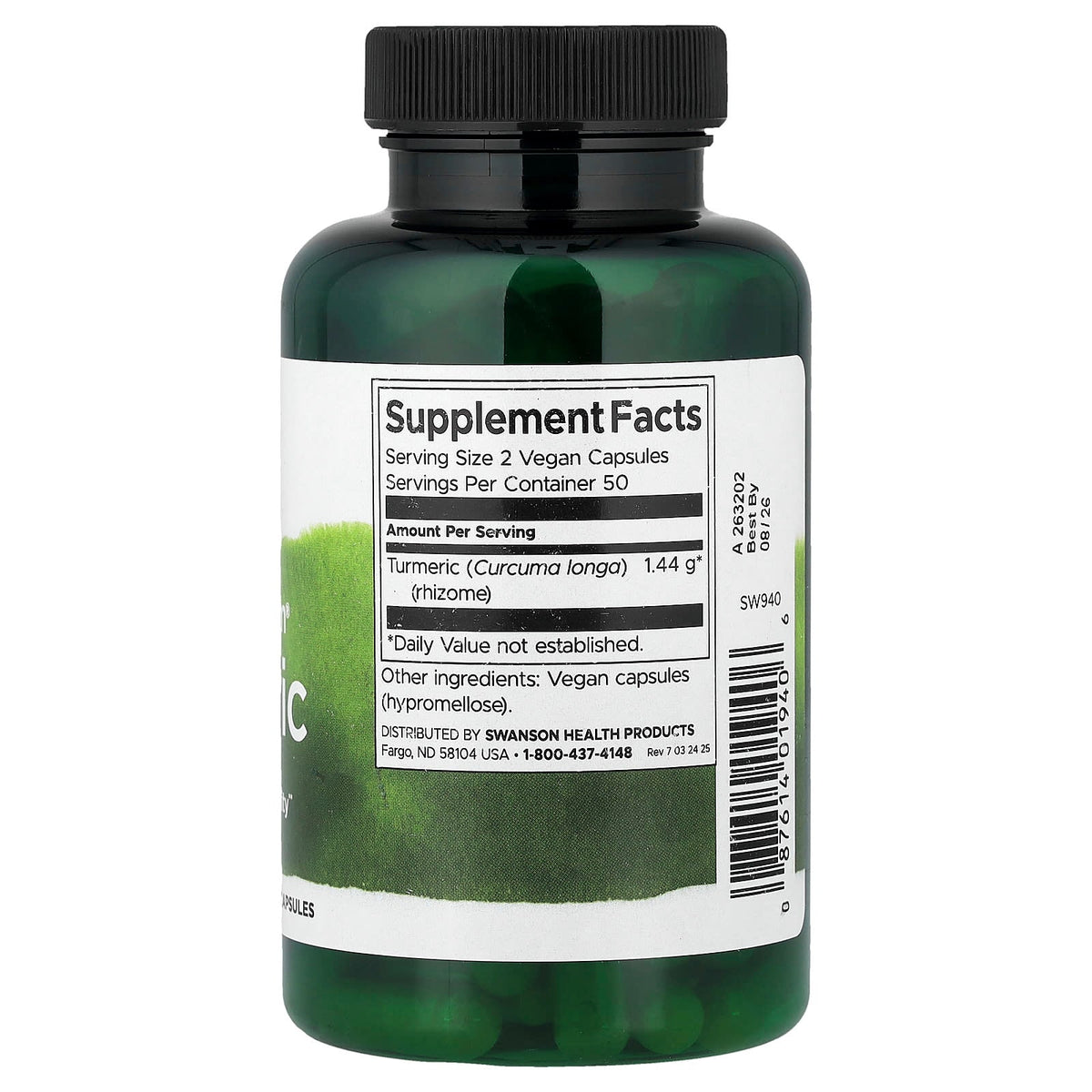 Swanson Full Spectrum Turmeric 720 mg — 100 ვეგანური კაფსულა, ეტიკეტი და შემადგენლობა