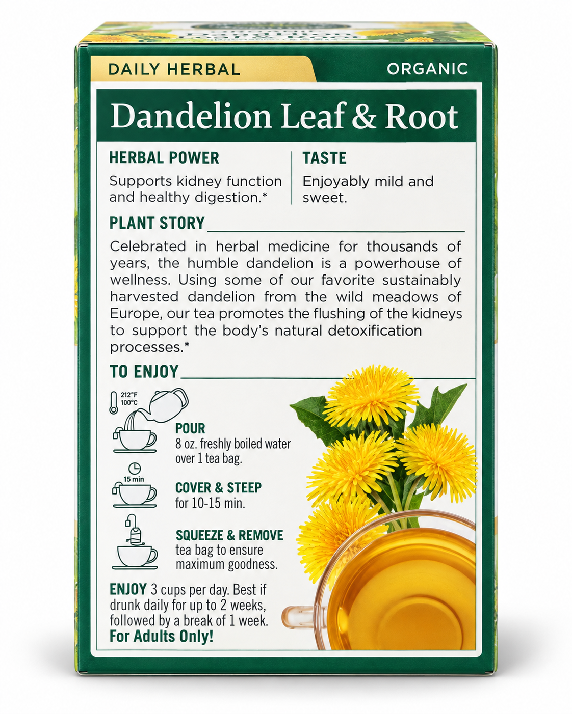 Traditional Medicinals Organic Dandelion Leaf & Root tea - brewing instructions