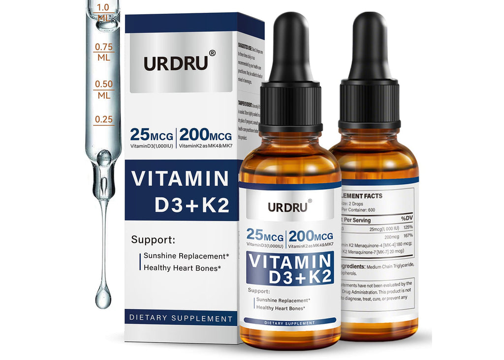 URDRU Vitamin D3 + K2 Liquid Drops — 1000 IU D3 + 200 mcg K2