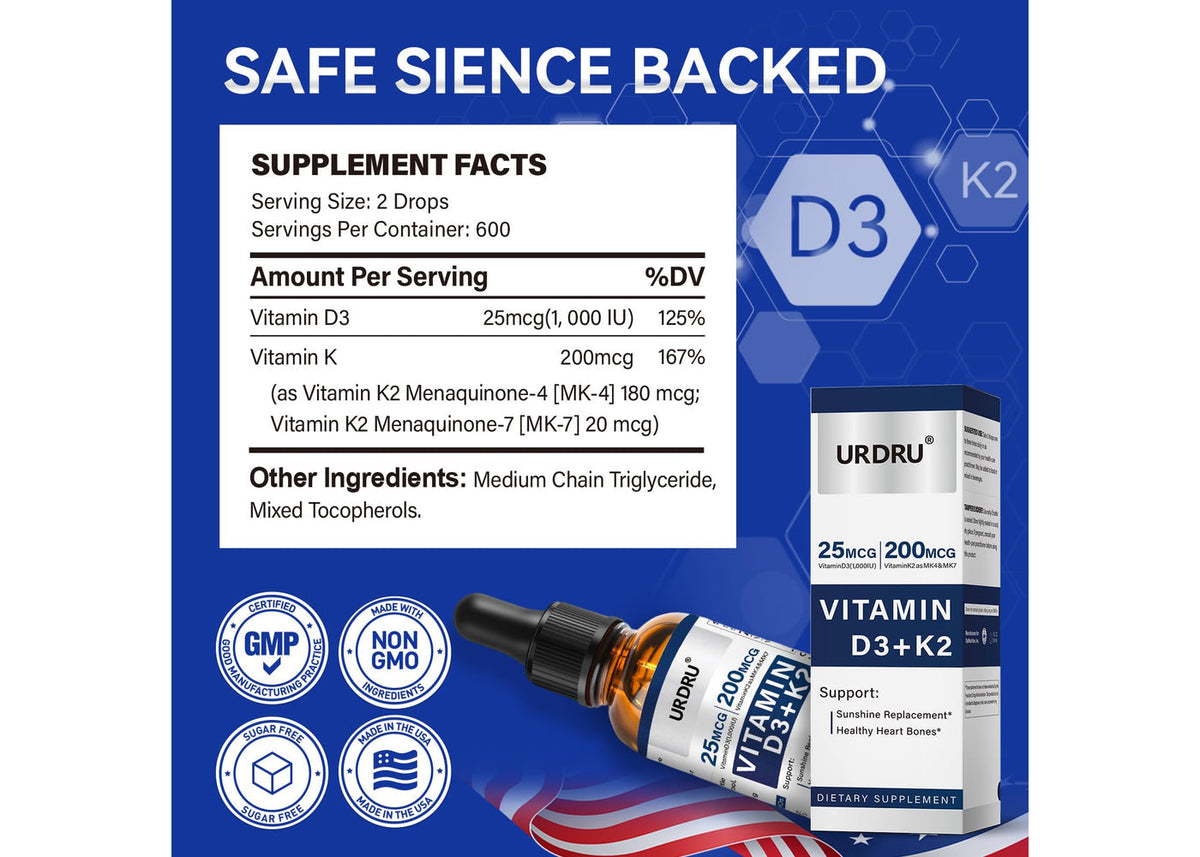 URDRU Vitamin D3 + K2 Liquid Drops non-GMO gluten-free label