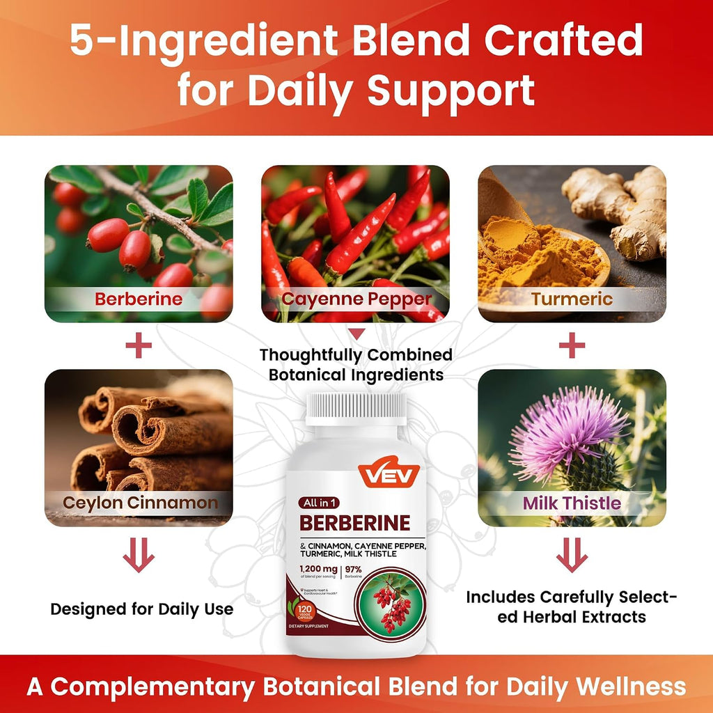 VEV Berberine 5-in-1 supplement ingredients and features