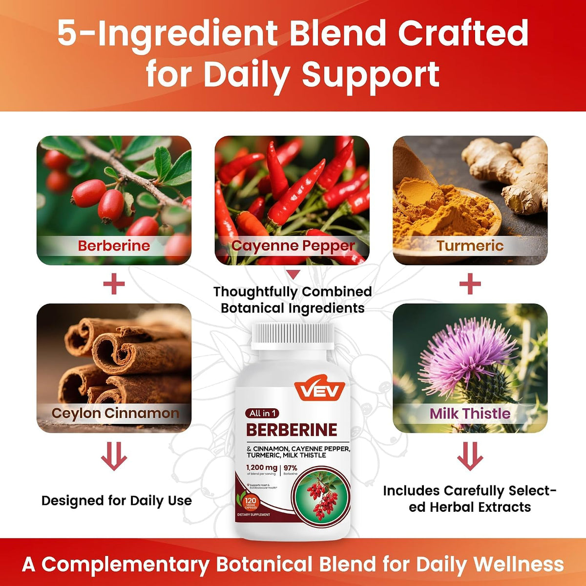 VEV Berberine 5-in-1 supplement ingredients and features