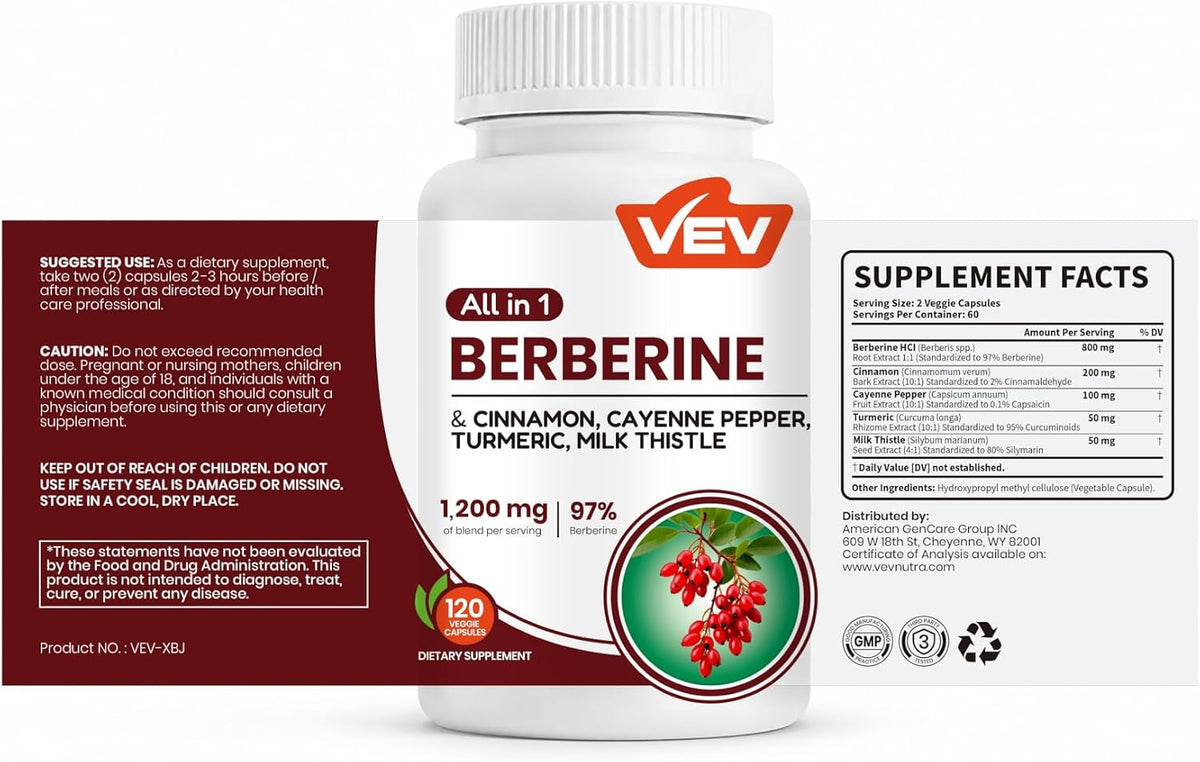 VEV Berberine 5-in-1 120 capsules bottle front